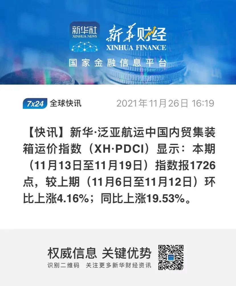 【内贸】最新新华·泛亚航运中国内贸集装箱运价指数