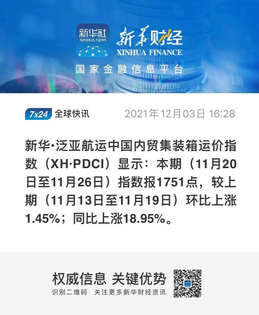 【内贸】最新新华·泛亚航运中国内贸集装箱运价指数
