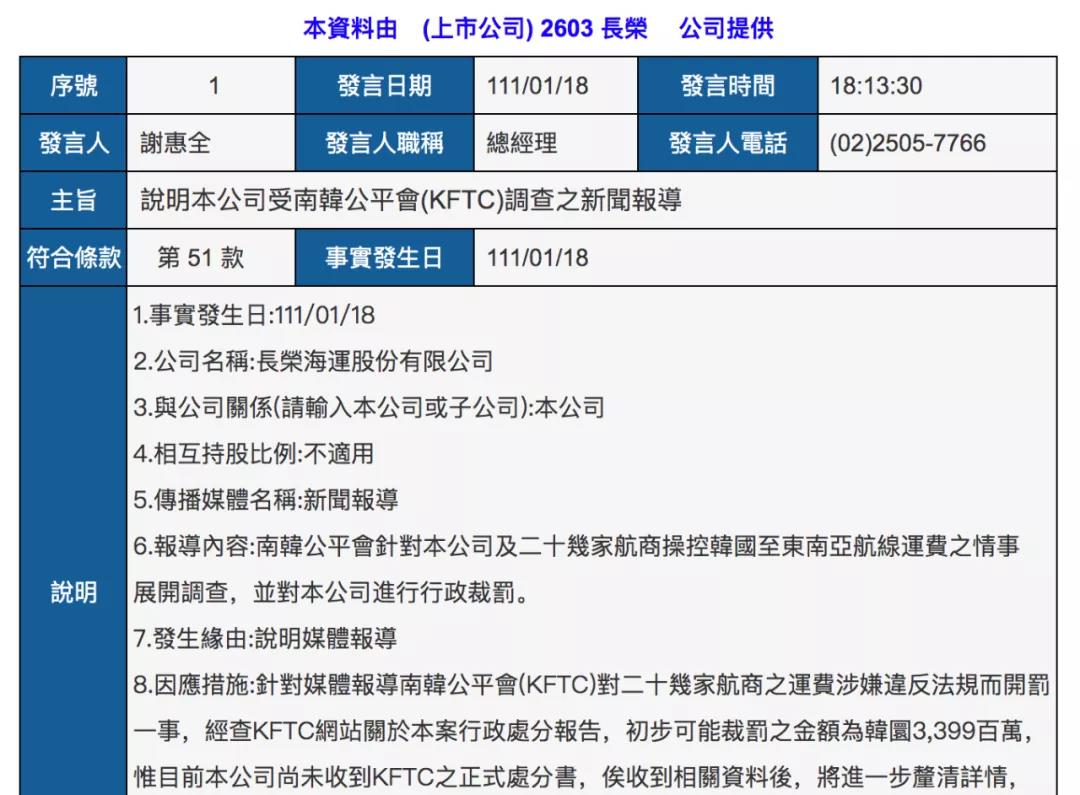 万海、长荣、阳明回应遭韩国处罚，阳明考虑上诉